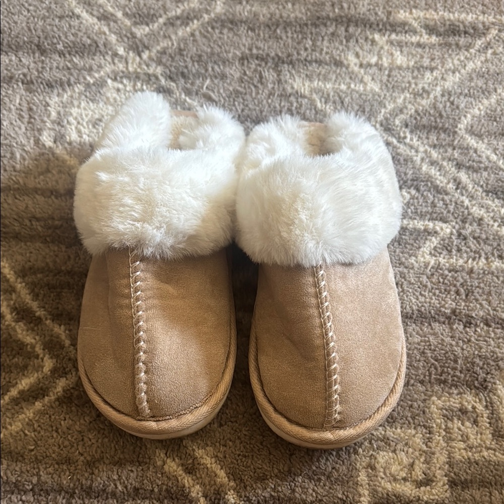Cozy Tan and White Kids Slippers